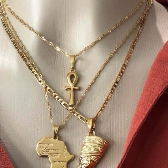 Gold Layered Ankh & African and Nefertiti Pendant Necklace Set - Picture 2 of 6